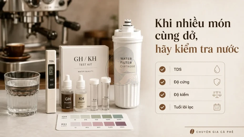 Kiểm tra nước pha cà phê bằng TDS, độ cứng và lõi lọc.