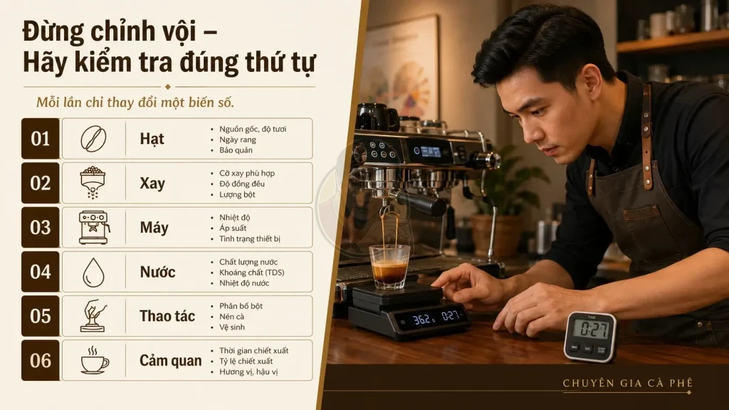 Checklist kiểm tra biến số vô hình khi pha cà phê tại quán.