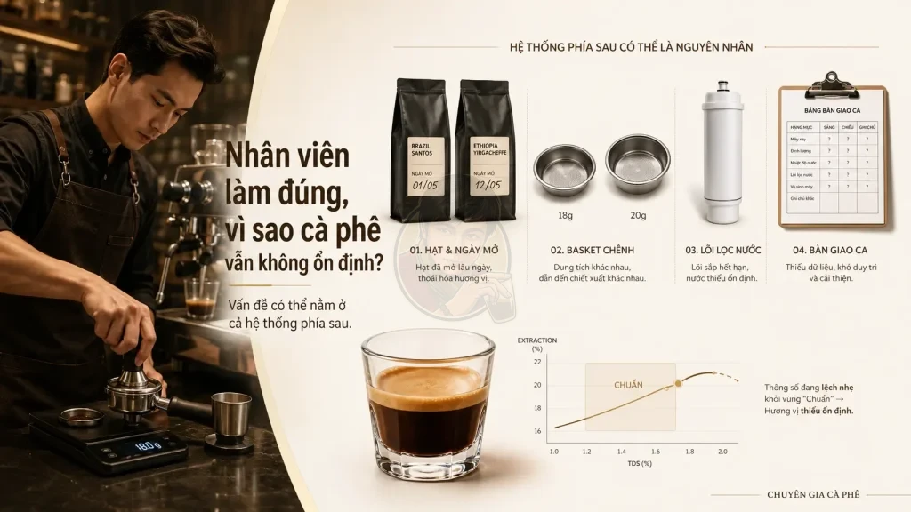 Thiếu hệ thống vận hành quán cà phê khiến nhân viên làm đúng nhưng espresso vẫn không ổn định.