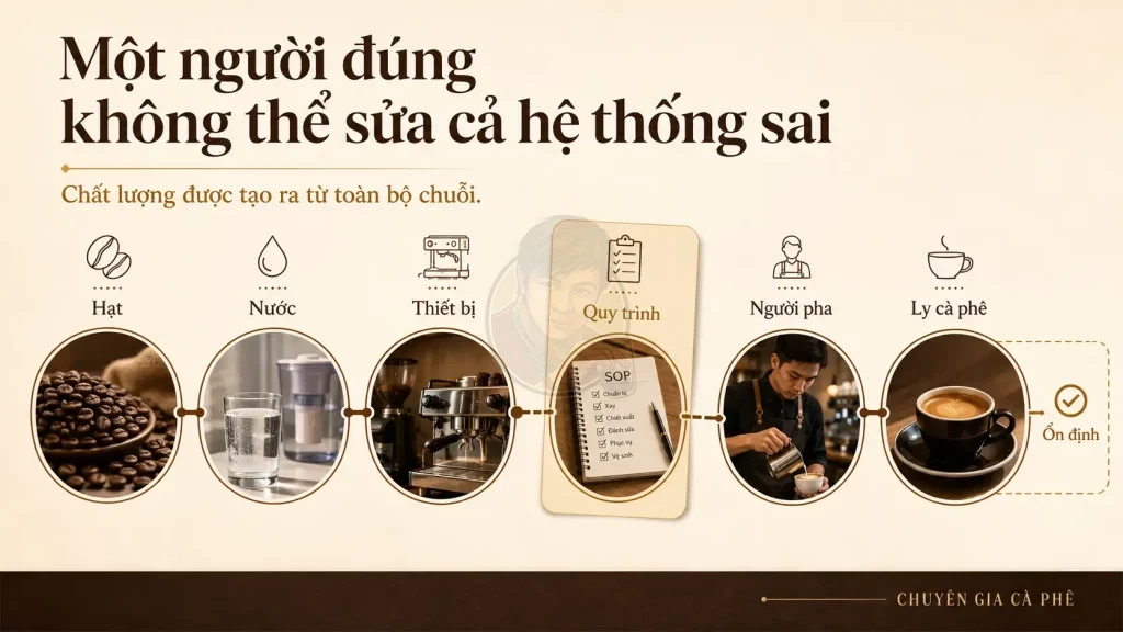 Chuỗi hệ thống vận hành từ hạt, nước, thiết bị đến ly cà phê.