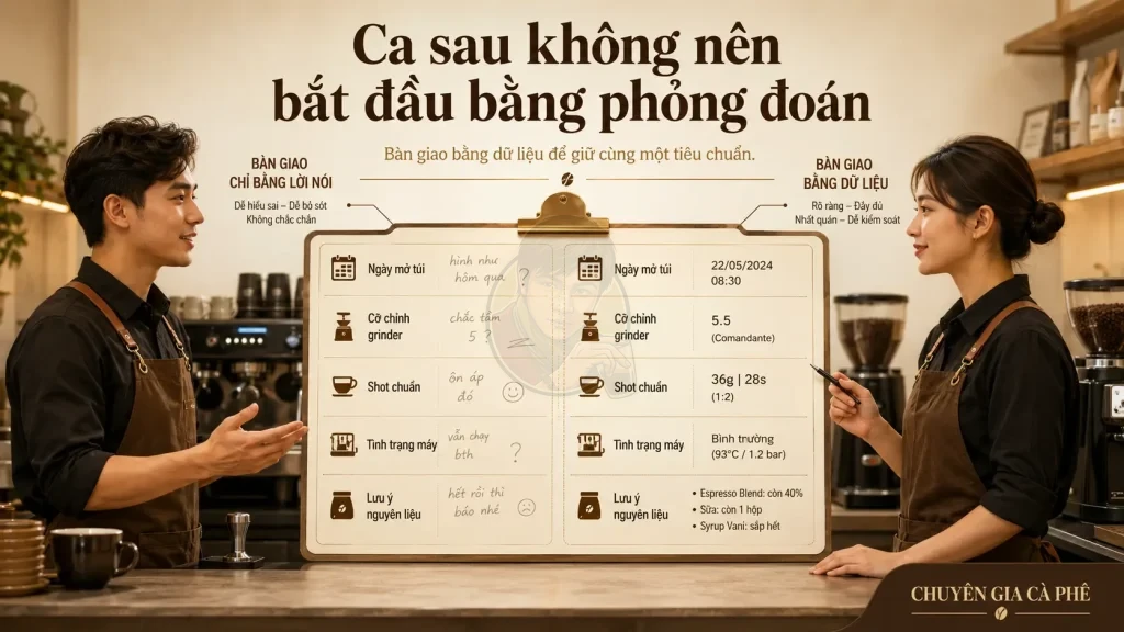 Bàn giao ca bằng dữ liệu giúp giữ chất lượng cà phê ổn định.