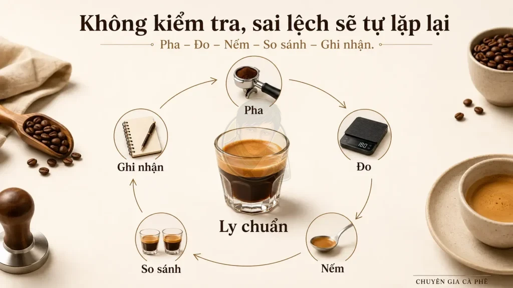 Vòng phản hồi kiểm soát chất lượng cà phê tại quán.