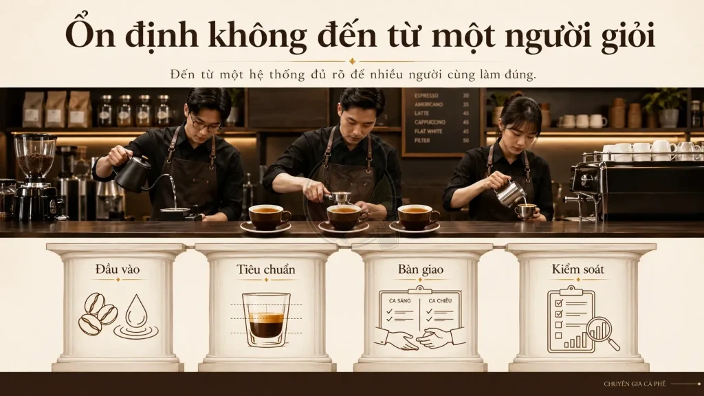 Bốn trụ cột hệ thống vận hành giúp quán cà phê ổn định chất lượng.