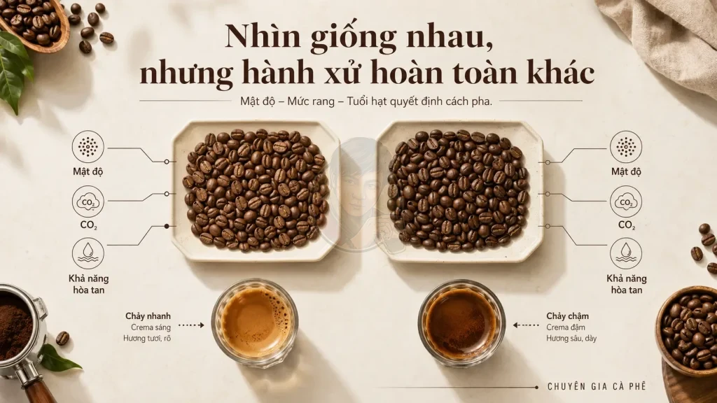 Hai loại hạt cà phê khác mật độ và khả năng chiết xuất khi thay hạt cho quán.