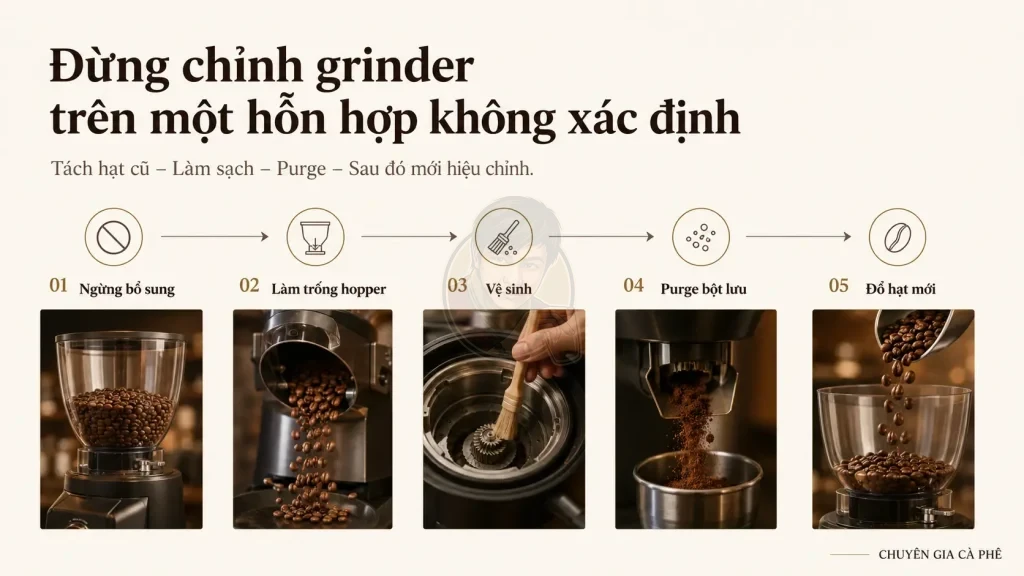 Quy trình thay hạt cà phê trong hopper trước khi chỉnh grinder.