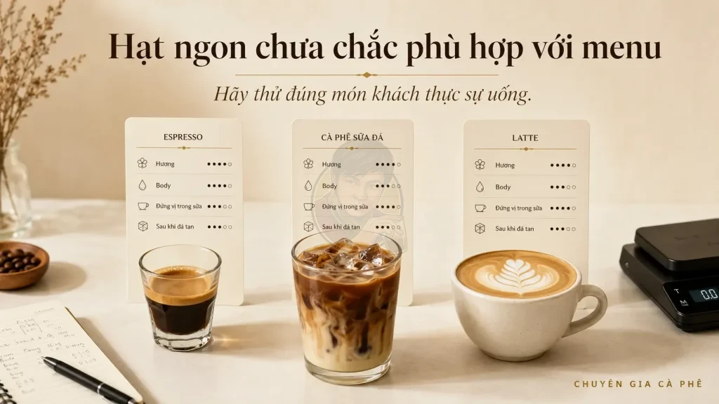 Thử hạt cà phê mới trên espresso, cà phê sữa và latte trước khi bán.