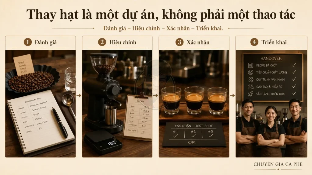 Bốn giai đoạn thay hạt cà phê an toàn và ổn định cho quán.