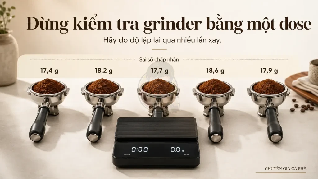 Kiểm tra dose máy xay cà phê qua năm lần xay liên tiếp.