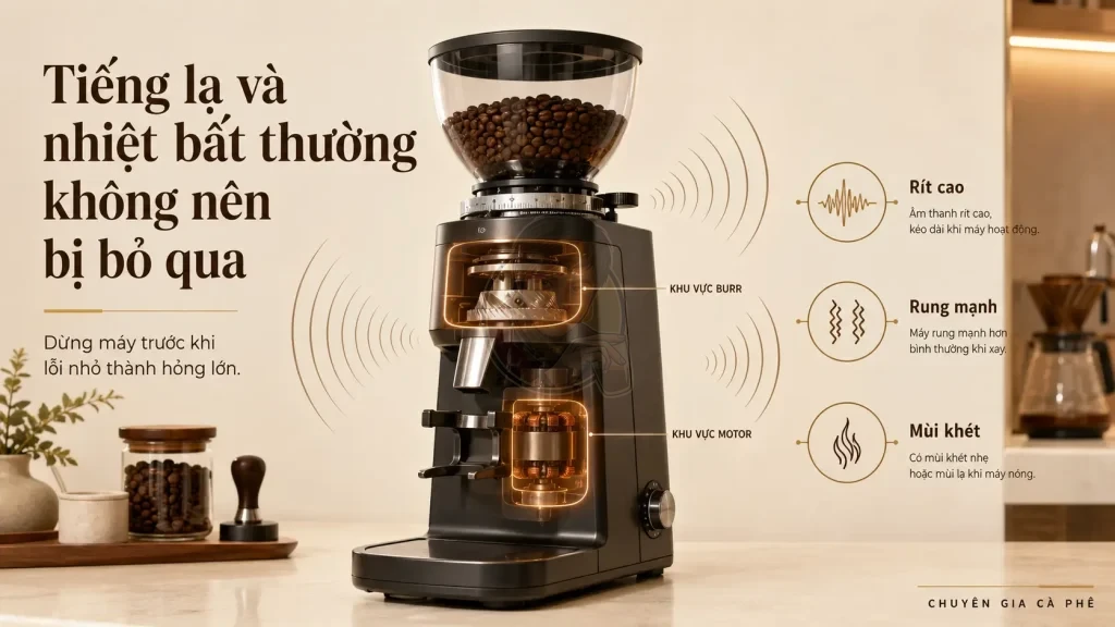 Máy xay cà phê phát tiếng lạ và nóng bất thường cần kiểm tra.