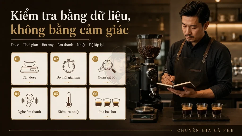 Checklist kiểm tra dấu hiệu grinder có vấn đề tại quán cà phê.