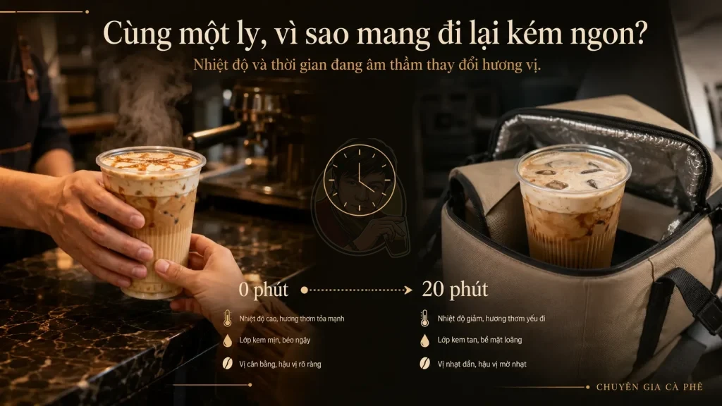 Cà phê mang đi dở hơn uống tại quán do nhiệt độ và thời gian di chuyển.