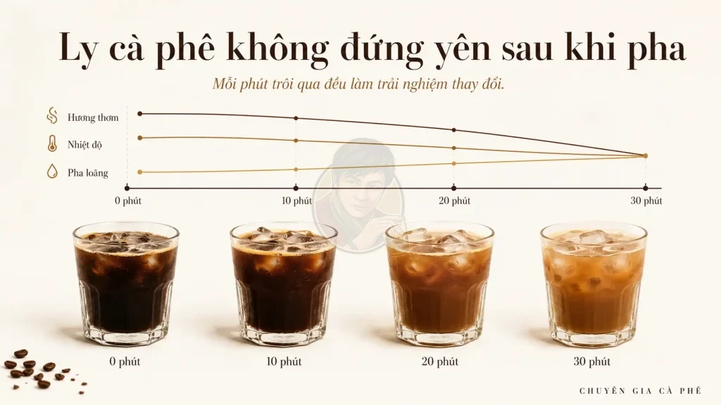 Biểu đồ nhiệt độ, hương thơm và độ pha loãng của cà phê mang đi theo thời gian.