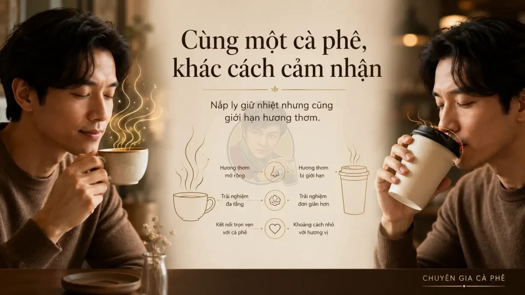 Nắp ly mang đi ảnh hưởng đến cảm nhận hương thơm cà phê.