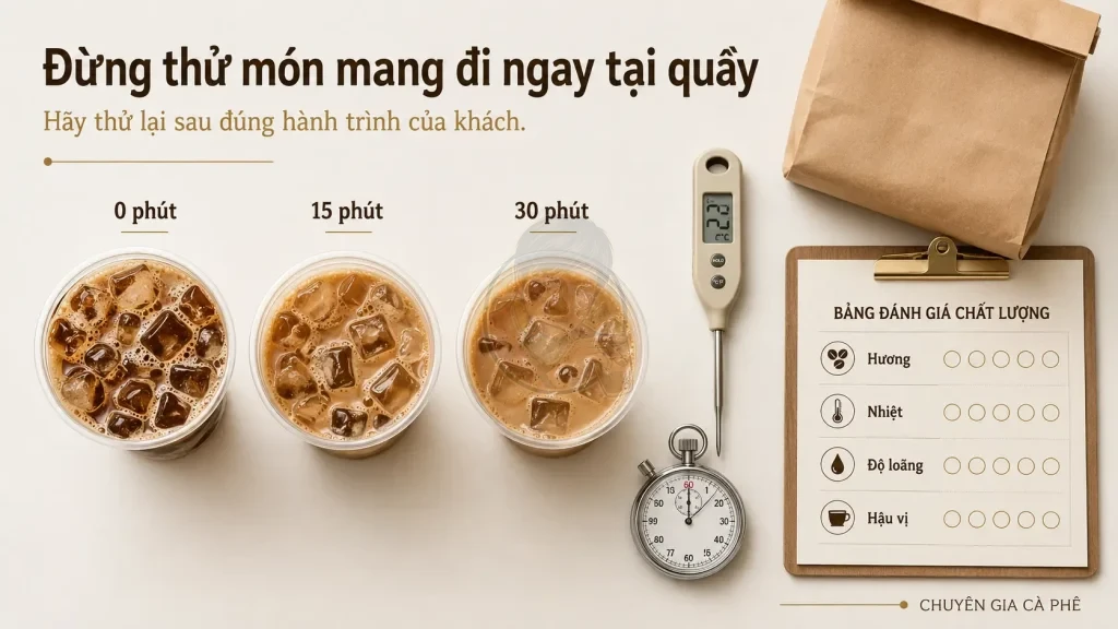 Kiểm tra chất lượng cà phê mang đi sau 15 và 30 phút giao hàng.