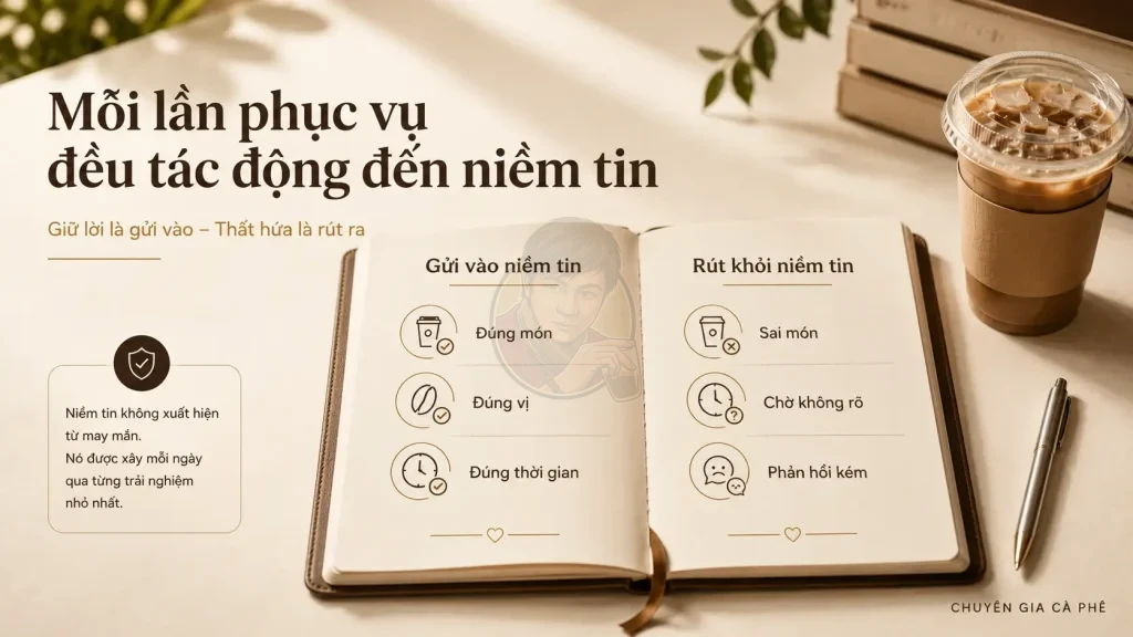 Cách trải nghiệm dịch vụ làm tăng hoặc giảm niềm tin của khách hàng quán cà phê.