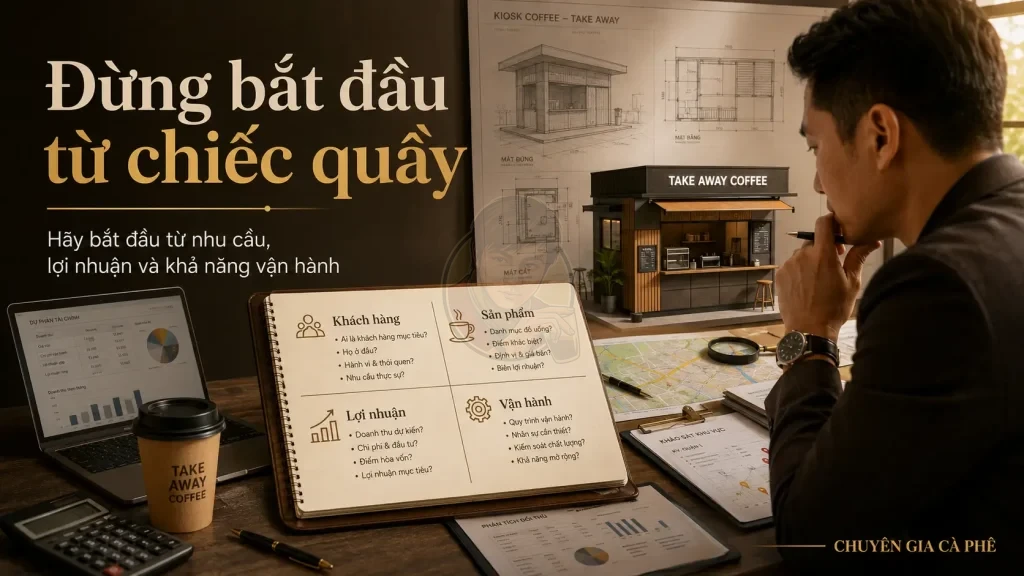 Tư duy đầu tư mô hình Take Away bền vững trước khi xây dựng quầy cà phê.