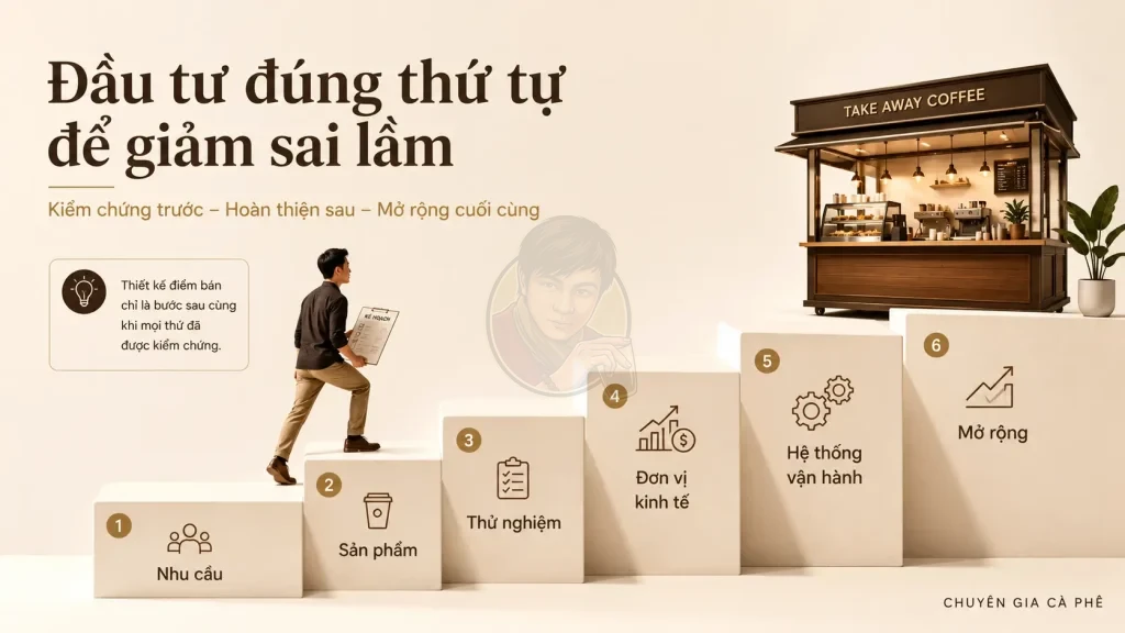 Thứ tự đầu tư xây dựng mô hình cà phê Take Away bền vững.