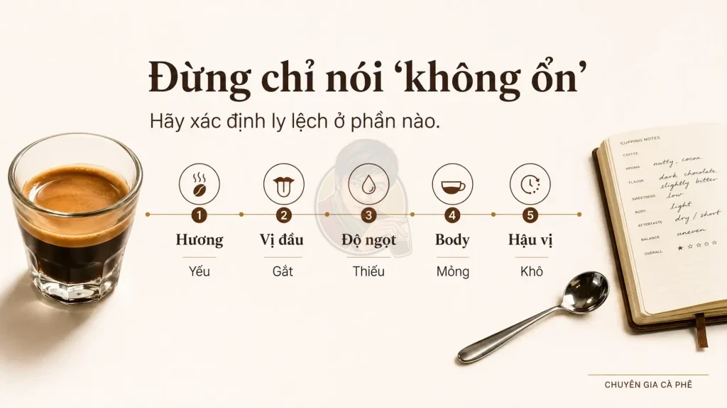 Bản đồ cảm quan giúp barista mô tả cà phê không ổn theo hương, body và hậu vị.