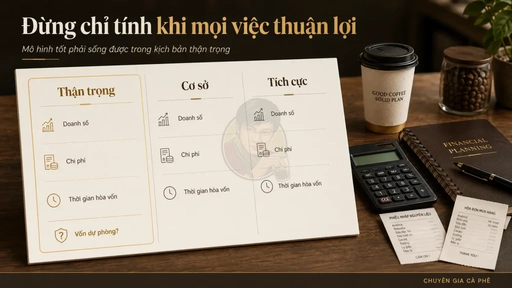 Bảng phân tích ba kịch bản tài chính trước khi đầu tư quầy cà phê Take Away.