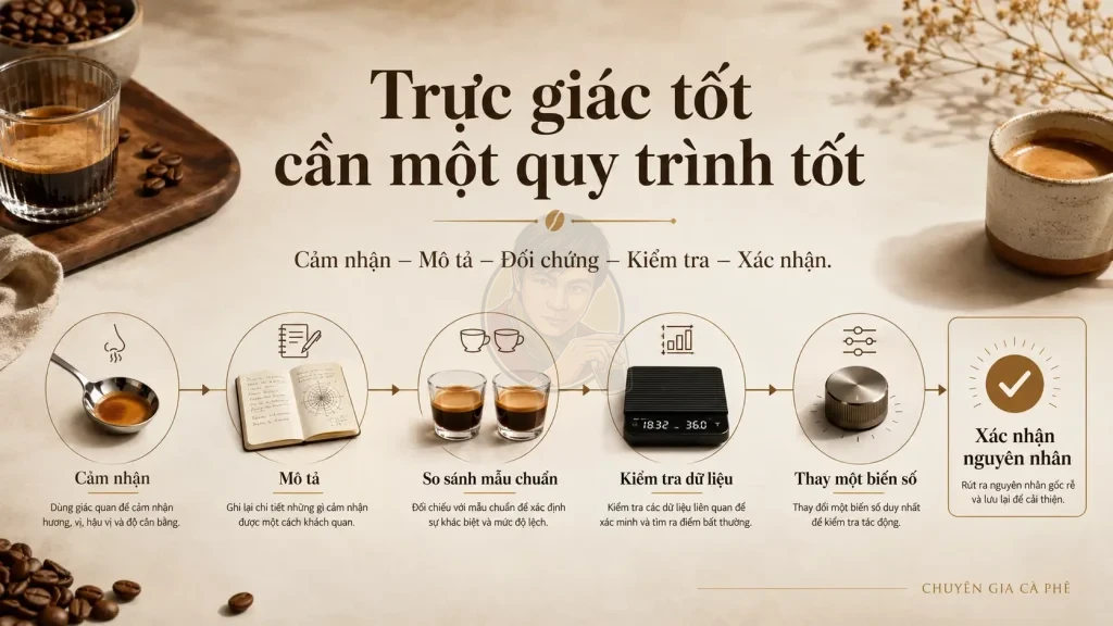 Quy trình chuyển cảm giác nghề thành bằng chứng khi chẩn đoán lỗi espresso.