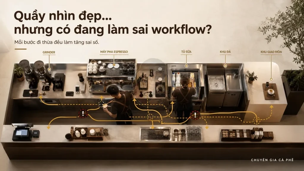 Bố trí quầy pha chế sai khiến workflow giao cắt và chất lượng cà phê thiếu ổn định.