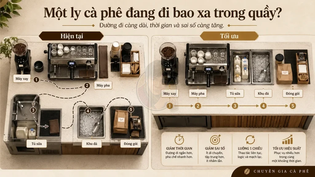 Bản đồ di chuyển barista giúp phát hiện bố trí quầy pha chế sai.