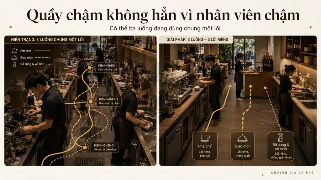 Luồng pha chế, giao món và bổ sung nguyên liệu giao cắt trong quầy cà phê.