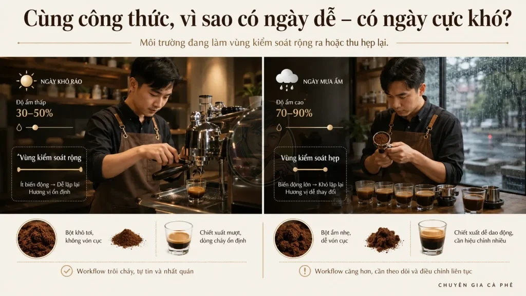 Biến số môi trường khi pha cà phê khiến espresso có ngày dễ và có ngày khó kiểm soát.