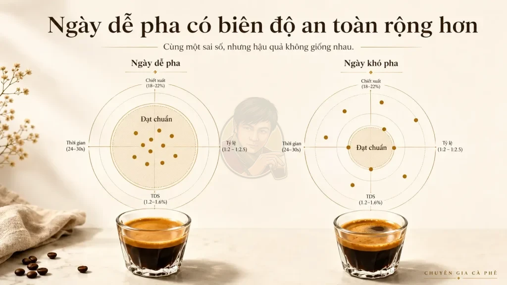 Vùng vận hành rộng và hẹp giải thích vì sao espresso có ngày dễ pha, có ngày khó pha.