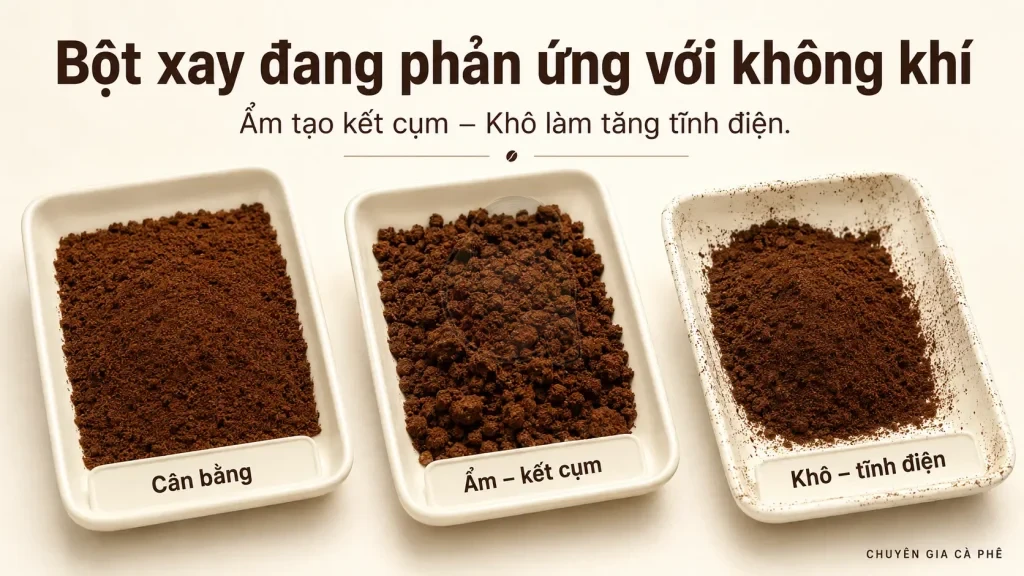 Độ ẩm làm bột cà phê kết cụm và không khí khô làm tăng tĩnh điện.