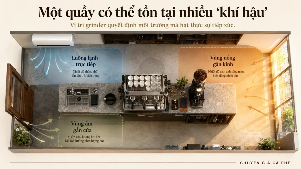 Luồng điều hòa và cửa ra vào tạo nhiều vùng nhiệt độ, độ ẩm trong quầy cà phê.