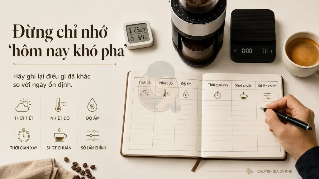 Nhật ký biến số môi trường khi pha cà phê gồm nhiệt độ, độ ẩm và dữ liệu grinder.