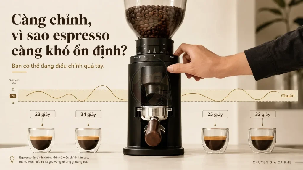 Chỉnh grinder quá tay làm espresso lúc nhanh lúc chậm và mất ổn định.