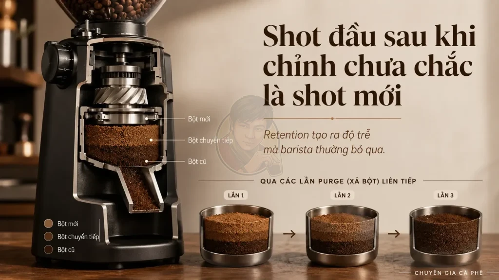 Retention làm bột cũ trộn với bột mới sau khi chỉnh grinder.