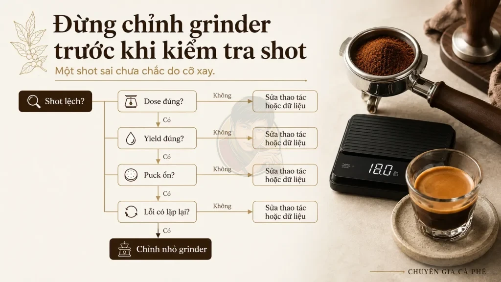 Cây quyết định kiểm tra dose, yield và puck trước khi chỉnh grinder.