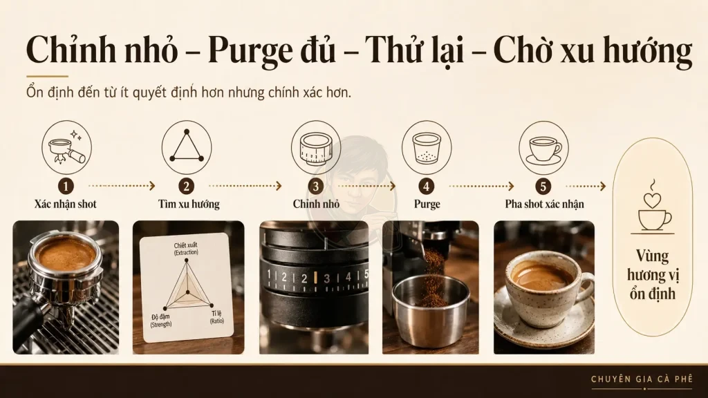 Quy trình tránh chỉnh grinder quá tay khi hiệu chỉnh espresso.