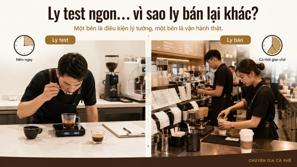 Ly test ngon nhưng ly bán không giống do điều kiện vận hành thực tế tại quán.