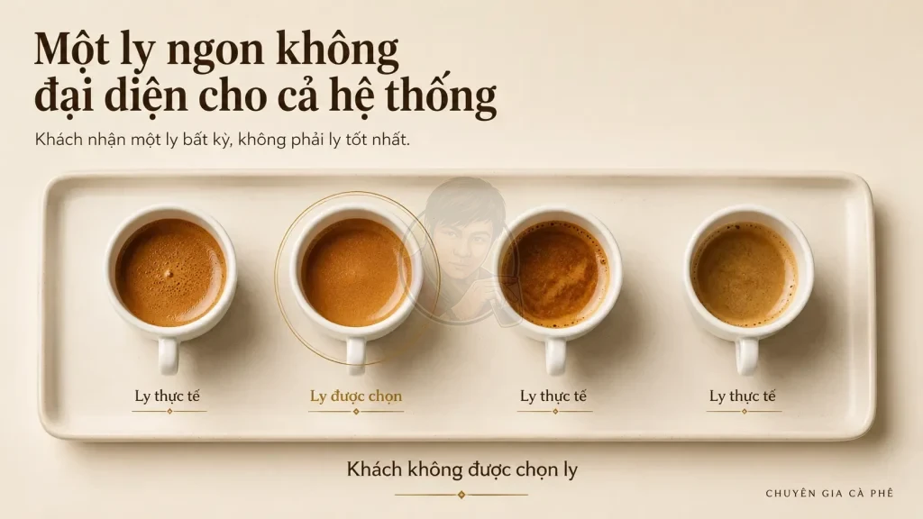 Bốn ly espresso có chất lượng khác nhau nhưng quán chỉ chọn ly test ngon nhất.