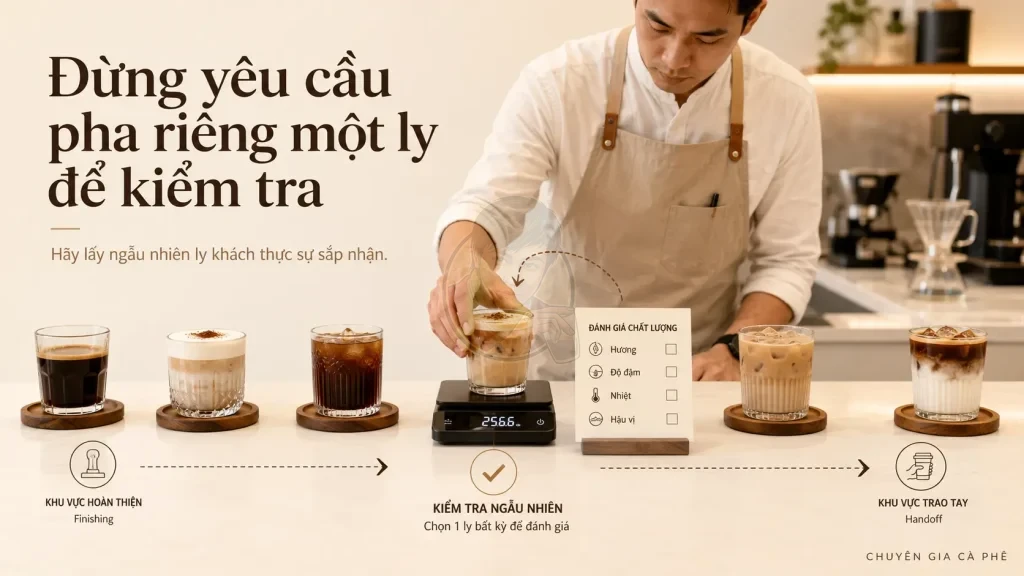 Lấy mẫu ngẫu nhiên từ đơn hàng thật để kiểm tra chất lượng ly bán.