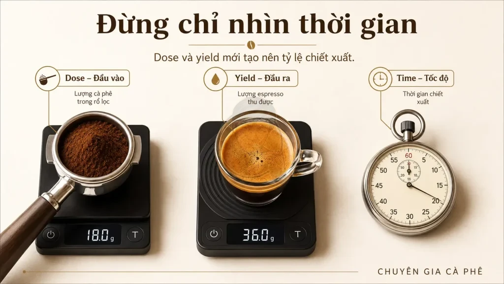 Dose, yield và thời gian khi điều chỉnh grinder espresso.