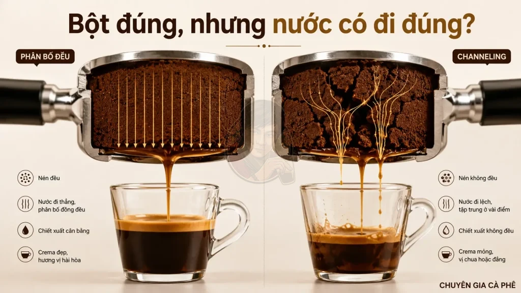 Channeling trong puck khiến espresso sai vị dù grinder được chỉnh đúng.