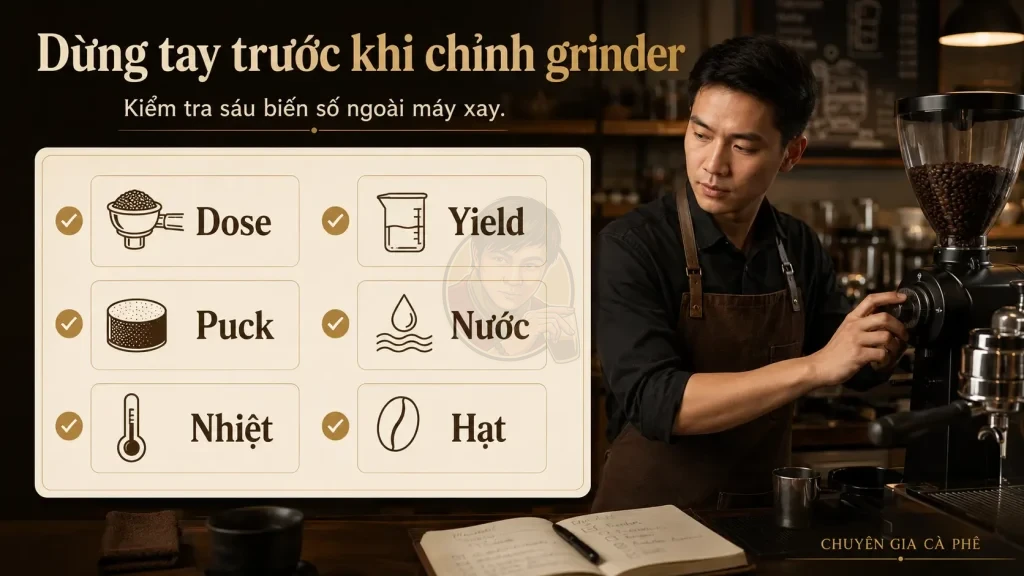 Checklist kiểm tra nguyên nhân espresso không đúng vị trước khi chỉnh grinder.