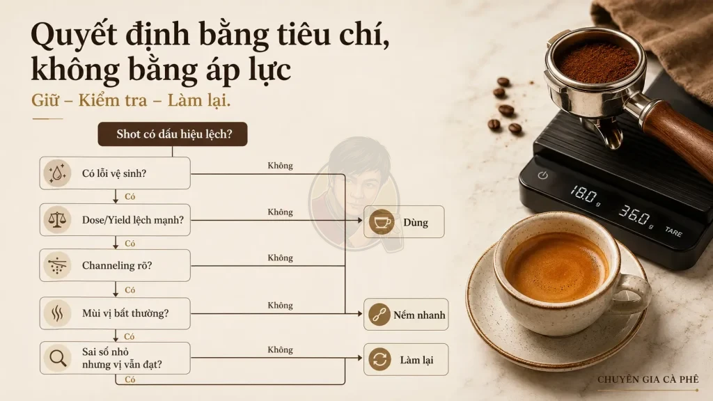 Cây quyết định xác định khi nào nên làm lại shot espresso.