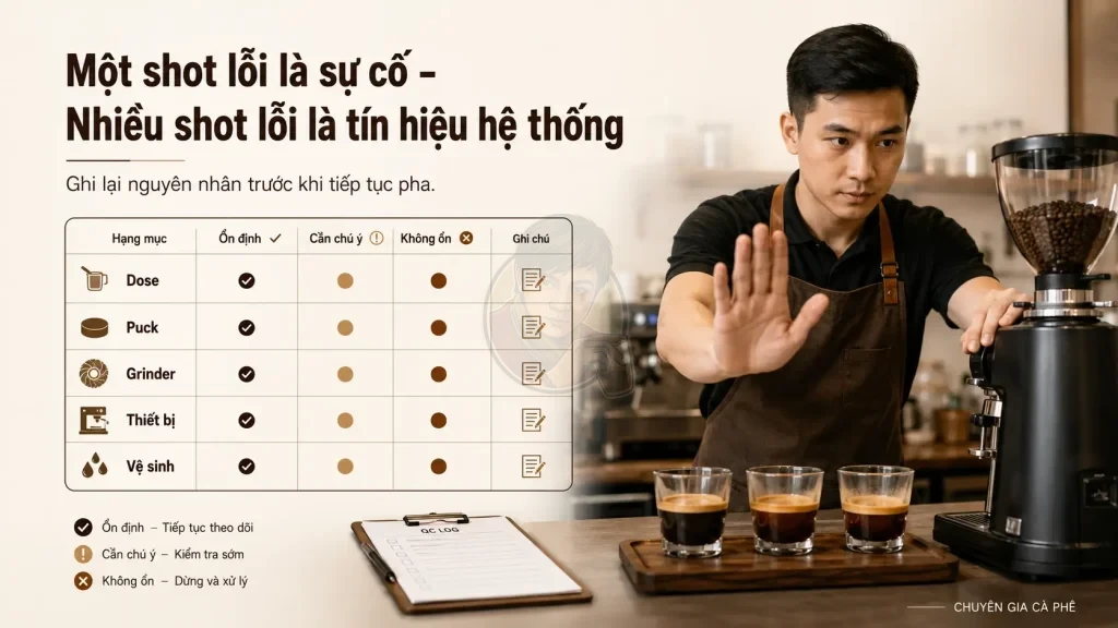Dashboard theo dõi shot espresso phải làm lại và nguyên nhân vận hành.