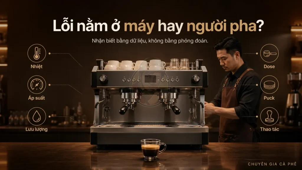 Phân biệt lỗi máy pha và người pha khi espresso không ổn định.