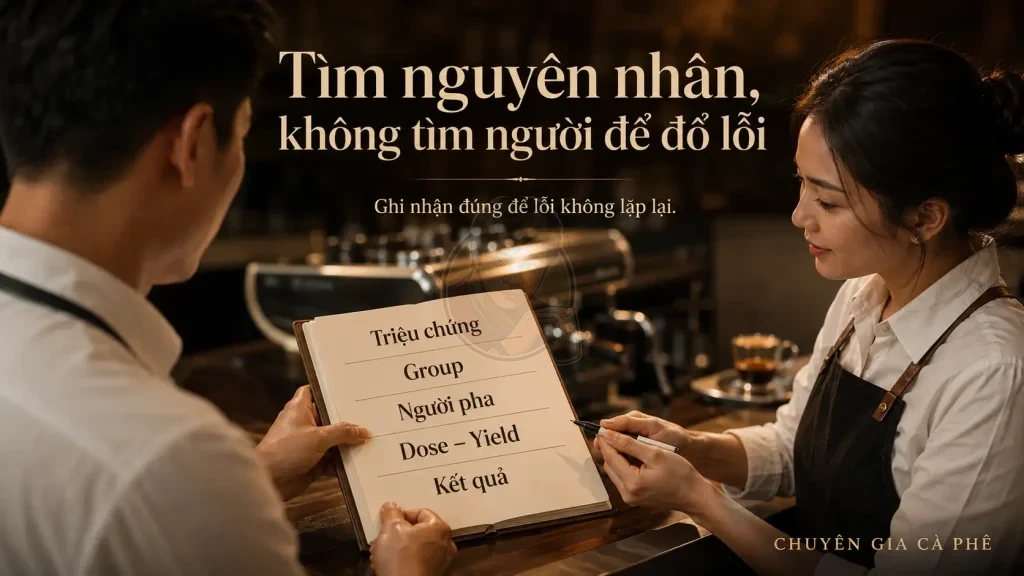 Chủ quán và barista ghi nhật ký lỗi máy pha và chiết xuất espresso.
