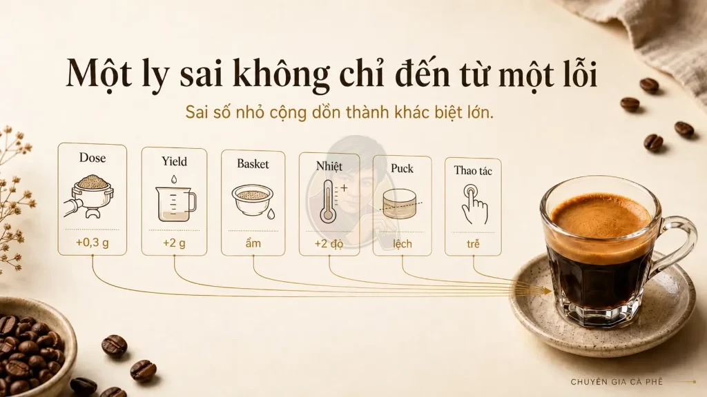 Ngân sách sai số trong pha espresso gồm dose, yield, nhiệt và thao tác.