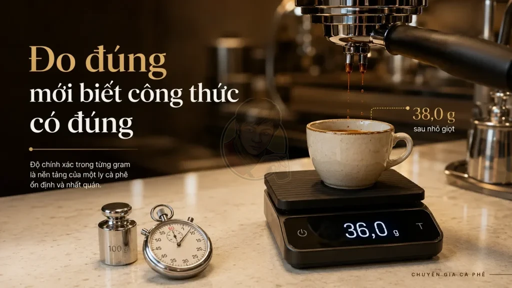 Kiểm tra sai số cân và yield khi pha espresso tại quán cà phê.