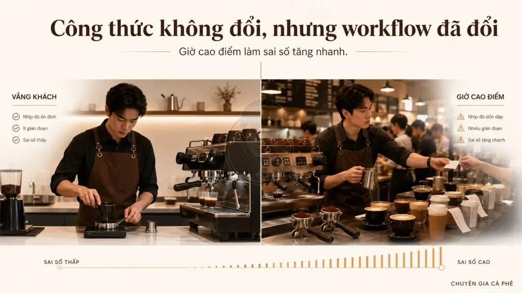 Sai số pha cà phê tăng trong giờ cao điểm do workflow quầy bar quá tải.