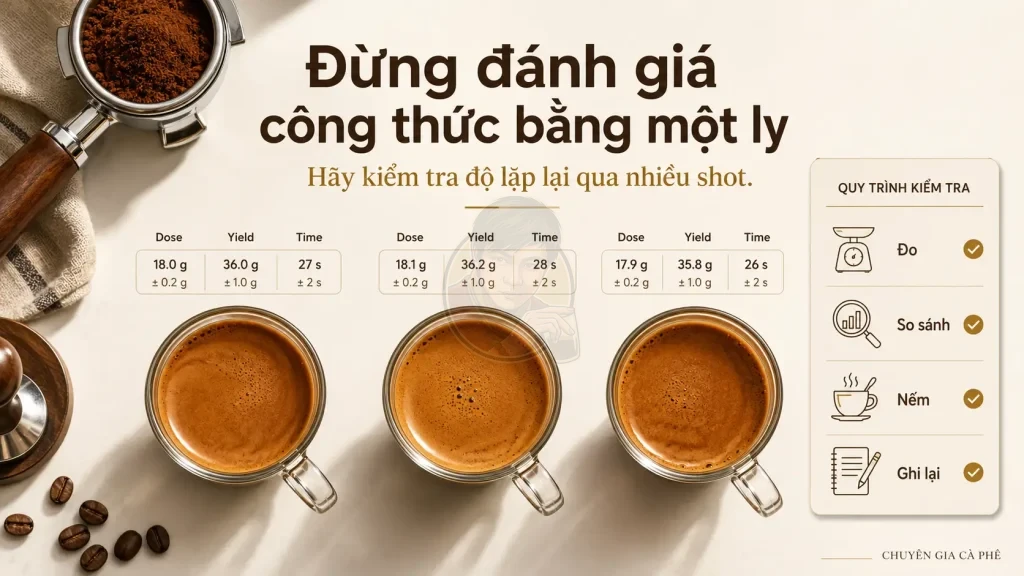 Kiểm tra độ lặp lại của công thức espresso bằng ba shot liên tiếp.
